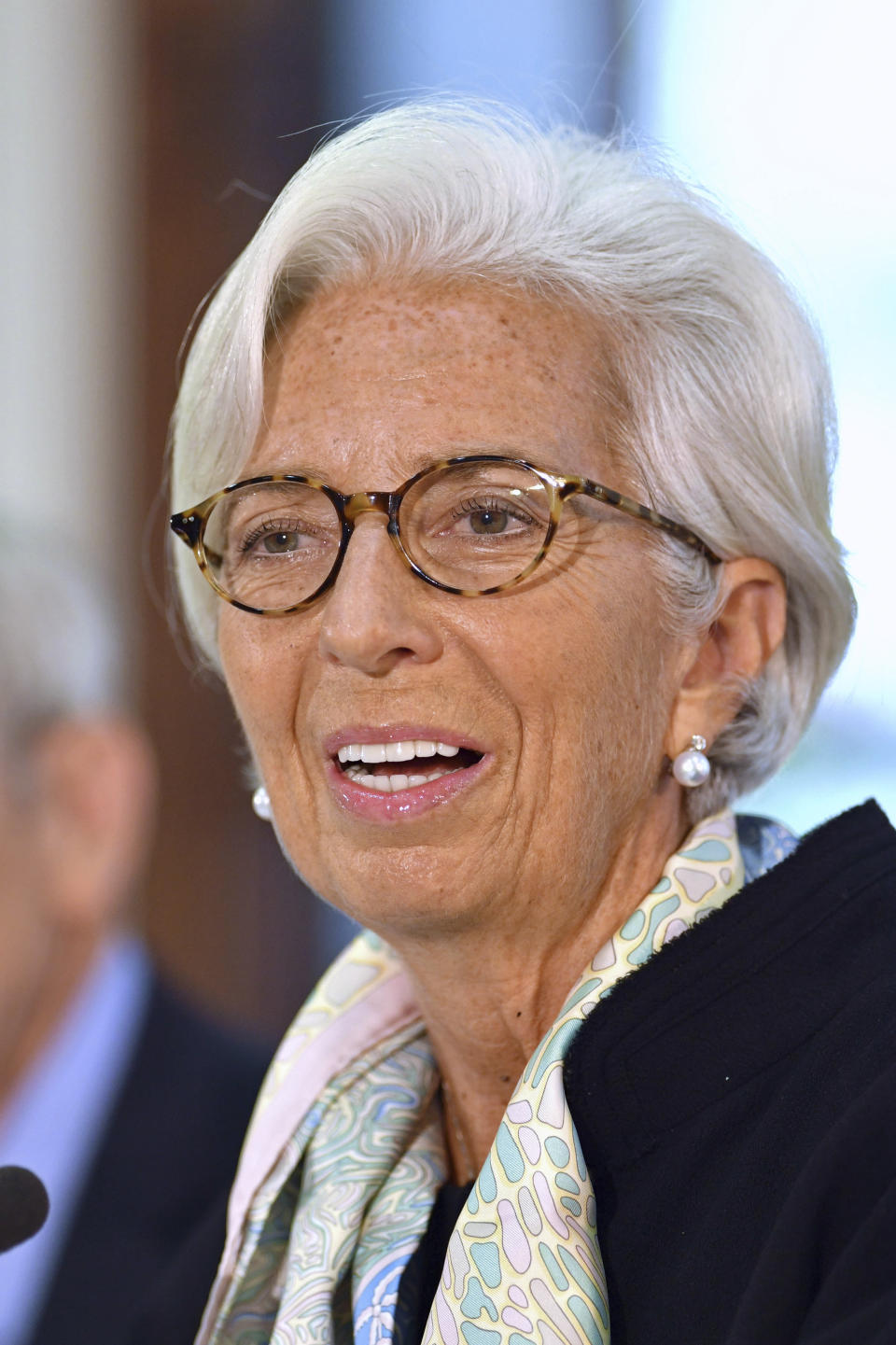 International Monetary Fund (IMF) managing director Christine Lagarde attends a press conference to mark the publication of the 2018 Article IV assessment of the UK at the Treasury in central London, Monday Sept. 17, 2018. (John Stillwell/Pool via AP)