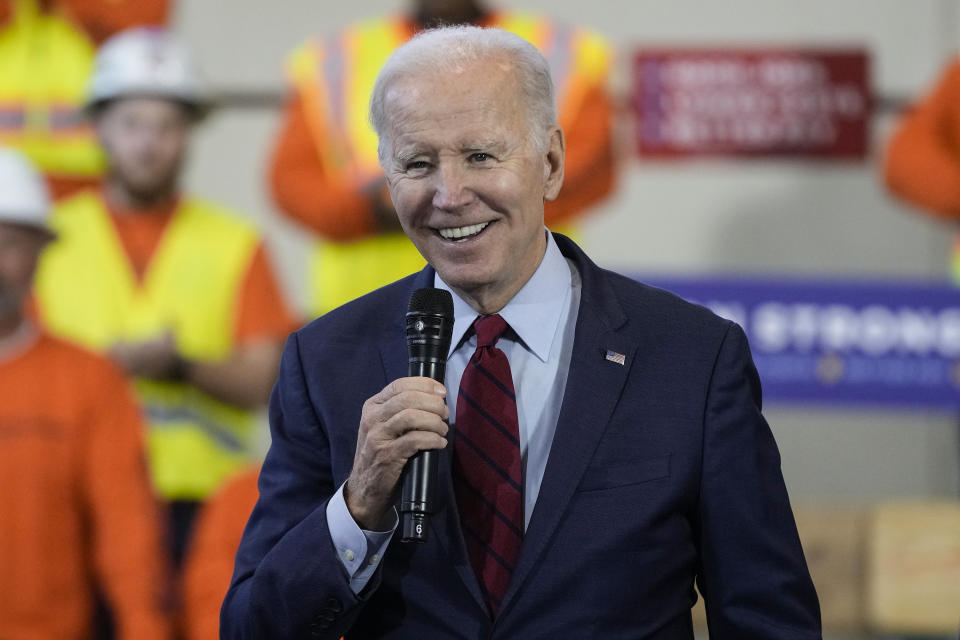 President Joe Biden delivers remarks on his economic agenda at a training center run by Laborers' International Union of North America, Wednesday, Feb. 8, 2023, in Deforest, Wis. (AP Photo/Morry Gash)