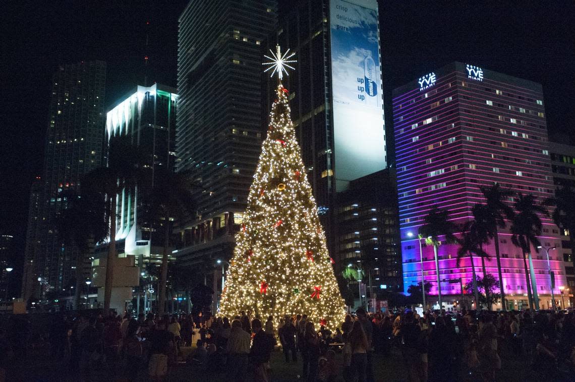 Hundreds of people turned out for the annual Christmas tree lighting at Bayfront Park in downtown Miami in 2015.