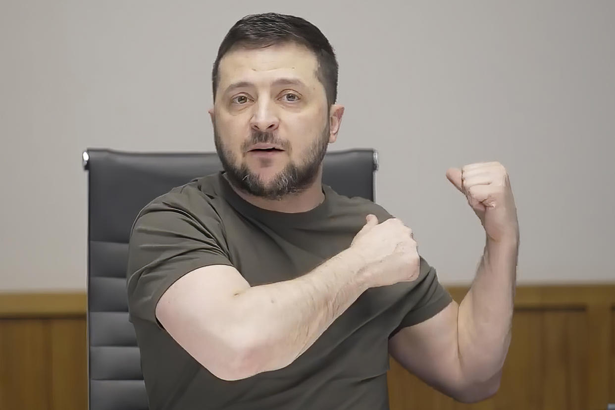 In this image from video provided by the Ukrainian Presidential Press Office, Ukrainian President Volodymyr Zelenskyy speaks during an interview with independent Russian news media from Kyiv, Ukraine, Sunday, March 27, 2022. (Ukrainian Presidential Press Office via AP)
