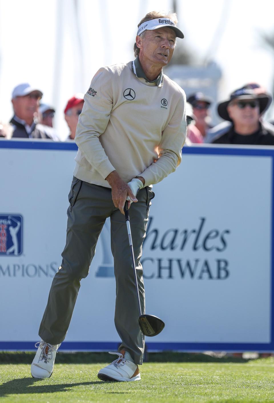 Bernhard Langer watches his tee shot on the first hole during the Galleri Classic at Mission Hills Country Club in Rancho Mirage, March 25, 2023. 