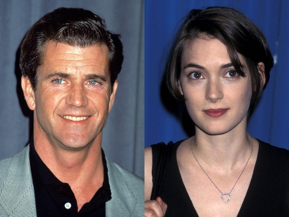 Mel Gibson at the 1995 John Huston Awards Press Conference, and Winona Ryder at the 67th Annual Academy Awards Nominees Luncheon on March 14, 1995.