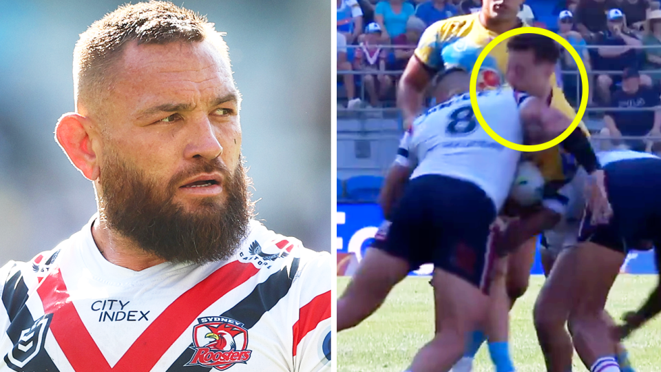 NRL fans have let rip at Jared Waerea-Hargreaves (pictured) after the Roosters enforcer was the latest to be sent to the sin-bin on a chaotic weekend for the Bunker. (Images: Fox Sports/Getty Images)