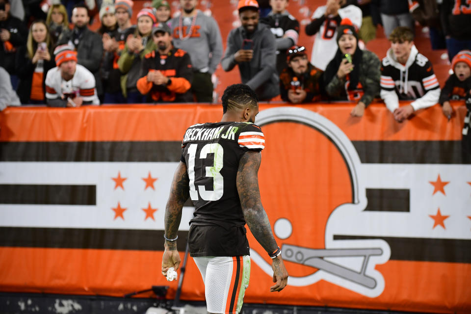 CLEVELAND, OHIO - OCTOBER 17: Odell Beckham Jr. #13 of the Cleveland Browns walks off the field after the 37-14 loss against the Arizona Cardinals at FirstEnergy Stadium on October 17, 2021 in Cleveland, Ohio. (Photo by Emilee Chinn/Getty Images)