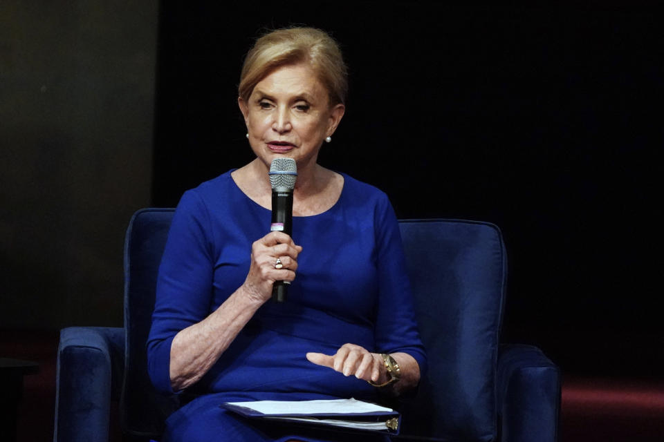 Rep. Carolyn Maloney speaks at the NY-12 Candidate Forum Wednesday, Aug. 10, 2022, in New York. Maloney is running in New York's 12th Congressional District Democratic primary which will be held on Tuesday, Aug. 23, 2022.(AP Photo/Frank Franklin II)
