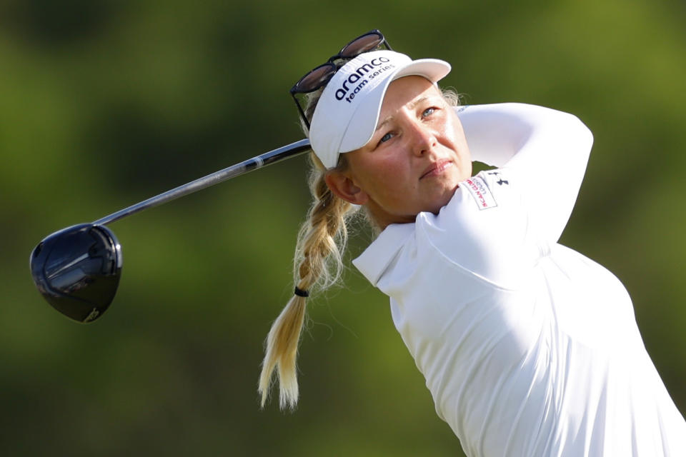 Emily Kristine Pedersen of Denmark plays her shot from the 11th tee during the final round of The ANNIKA driven by Gainbridge at Pelican Golf Club on November 12, 2023, in Belleair, Florida. (Photo by Mike Ehrmann/Getty Images)