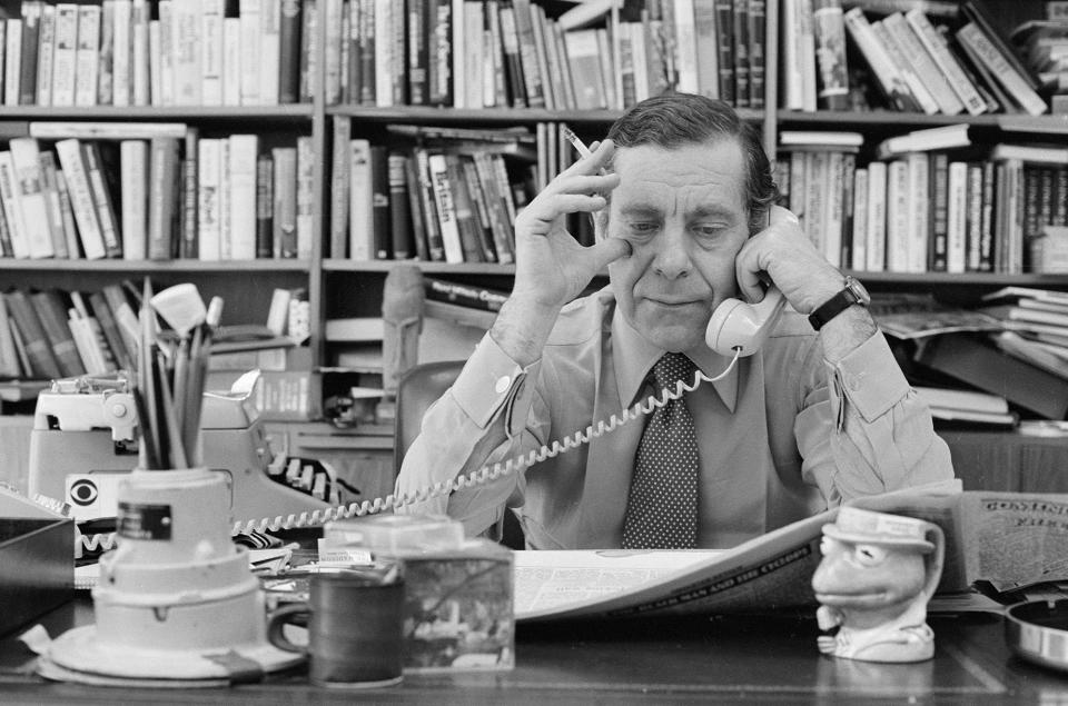 <p>Morley Safer was a CBS News journliast for 52 years, with 46 of those at 60 Minutes (he was the program’s longest serving reporter). A 12-time Emmy award winner, Safer died on May 19 at age 84. — (Pictured) Morley Safer in his office in 1980. (CBS via Getty Images) </p>