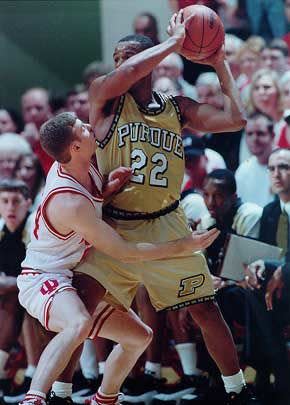 Purdue\'s Jaraan Cornell looks inside as Indiana\'s Michael Lewis defends during Sunday\'s game at Assembly Hall. Cornell had a co-game-high 27 points, but the No. 9 Boilermakers lost 94-88. Staff photo by David Snodgress