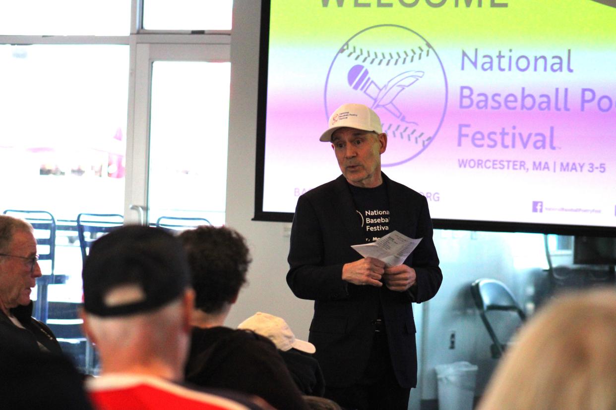 National Baseball Poetry Festival founder Steve Biondolillo speaks to the crowd at the welcome ceremony at Polar Park on May 3, 2024.