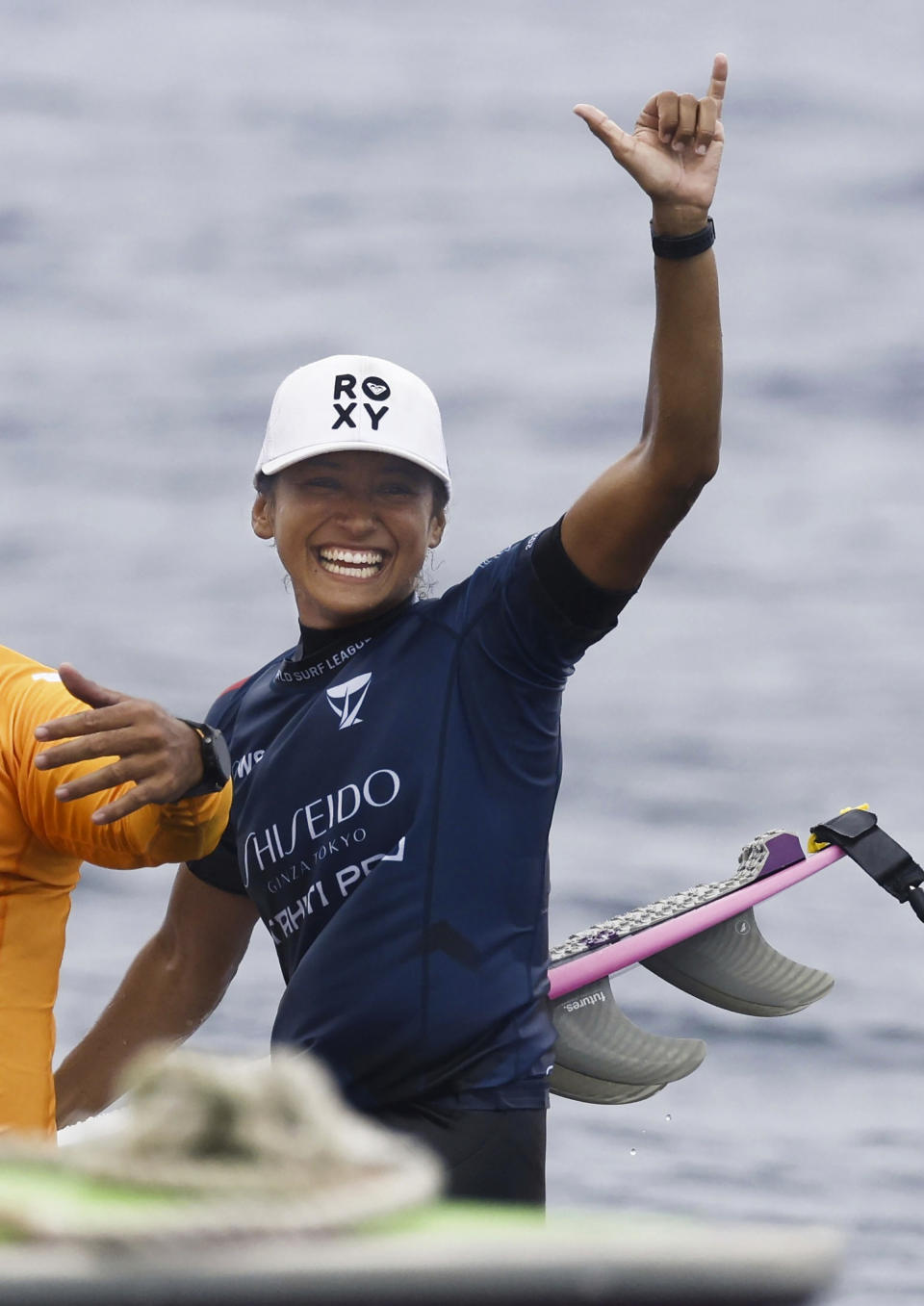 Surfer Vahine Fierro of France celebrates after winning the latest competition of the World Surf League Championship Tour in Teahupoʻo in Tahiti on May 29, 2024. (Kyodo News via AP)