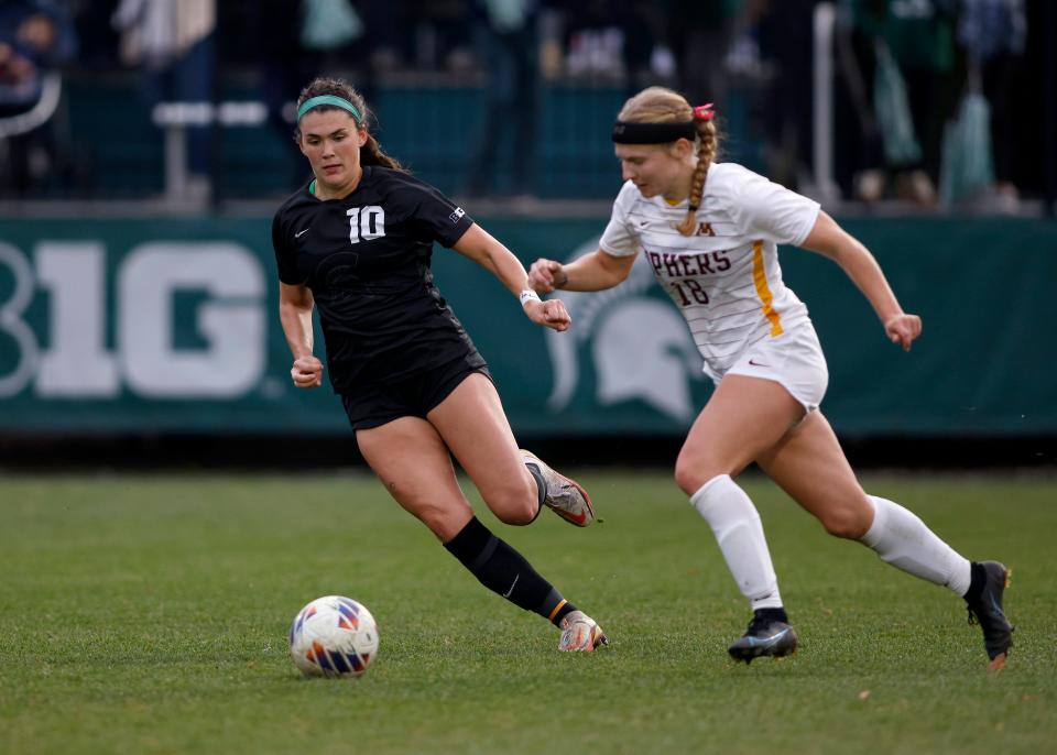 Michigan State's Camryn Evans (left), shown during Sunday's Big Ten quarterfinal win over Minnesota, scored the first goal Thursday in the Spartans' 2-1 semifinal win over Nebraska.