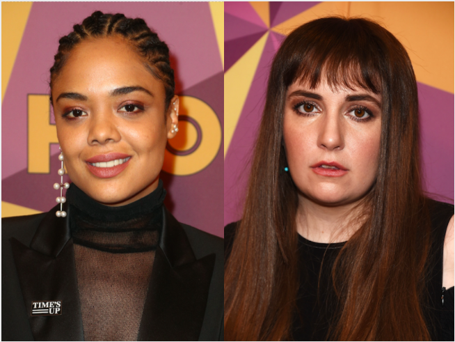 Tessa Thompson and Lena Dunham attend the HBO Golden Globes afterparty on Sunday. (Getty)