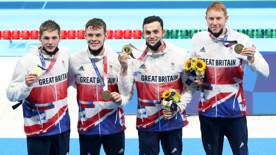 The Great Britain team won gold in the men's 4x200m freestyle relay. Pic: Getty
