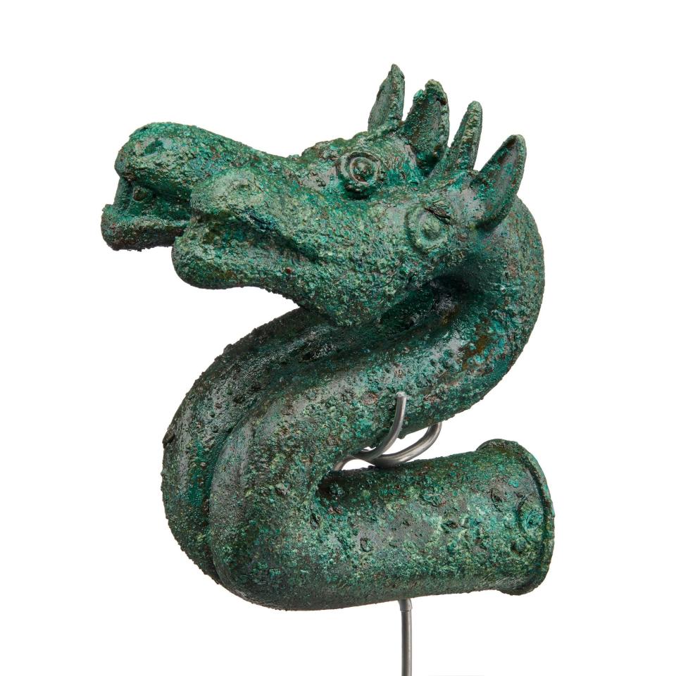Twin horse-snake hybrid: part of a hoard unearthed in Jutland, Denmark, this bronze sculpture is dated 1200-1000 BC - National Museum of Denmark