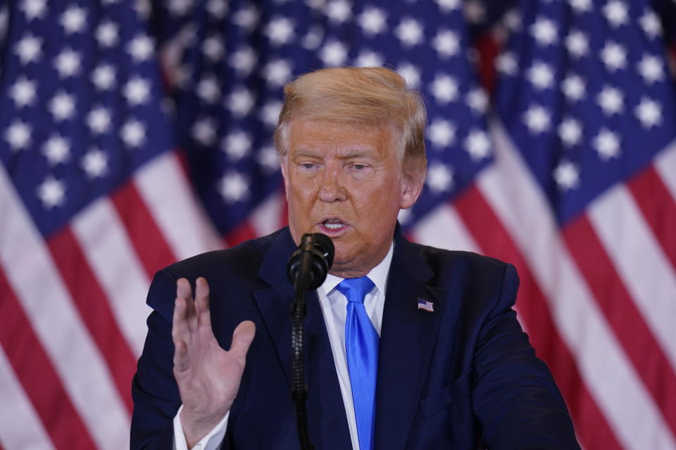  United States President Donald J. Trump makes a statement to the nation as his supporters look on in the East Room of the White House in Washington, DC on Election Night, Wednesday, November 4, 2020. Credit: Chris Kleponis / Pool/Sipa USA 