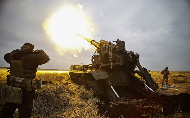 A self-propelled artillery vehicle fires in Ukraine