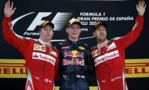 (L-R) Ferrari F1 driver Kimi Raikkonen of Finland, Red Bull F1 driver Max Verstappen of The Netherlands and Ferrari F1 driver Sebastian Vettel of Germany celebrate on podium after Spanish Grand Prix. Spanish Grand Prix - Barcelona-Catalunya racetrack, Montmelo, Spain - 15/5/16. REUTERS/Juan Medina