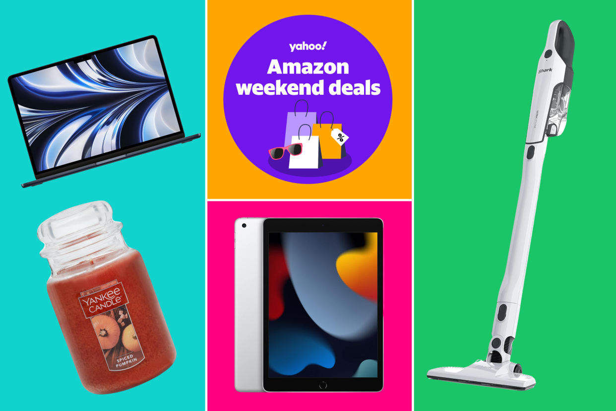 MacBook Air, Yankee Candle, Apple iPad, Shark stick vacuum and a badge that reads: Yahoo! Amazon weekend deals