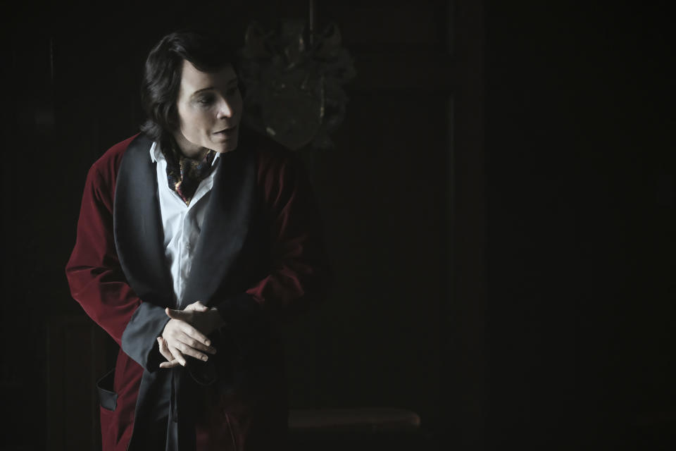 This image released by FX shows Teddy Perkins in a scene from the comedy series "Atlanta." Perkins appeared at the Emmys Monday night in the same attire as worn on the comedy-drama on the show, sporting red velvet dinner jacket, heavy white makeup, prosthetics and a bob cut wig. (Guy D'Alema/FX via AP)