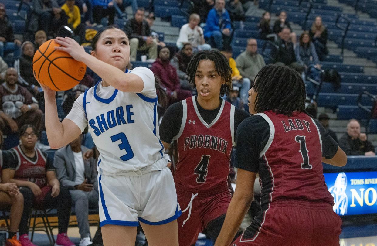 Shore’s Kimi Saison shoots in first half action. Shore Regional Girls Basketball vs University for NJSIAA Group 1 Title inToms River, NJ on March 10, 2024.