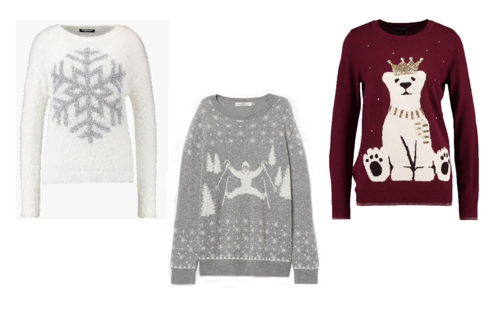 Feinstrickpullover in Grau mit Skiläufer-Motiv von H&M, rund 20 Euro; Christmas King Polar Bear von Dorothy Perkins von Zalando.de, rund 36 Euro, Snowflake-Pullover von Fashion Union über Zalando.de, rund 55 Euro