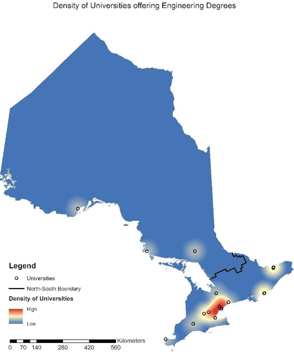 A map of universities that offer STEM programs in Ontario. (David Zarifa), Author provided