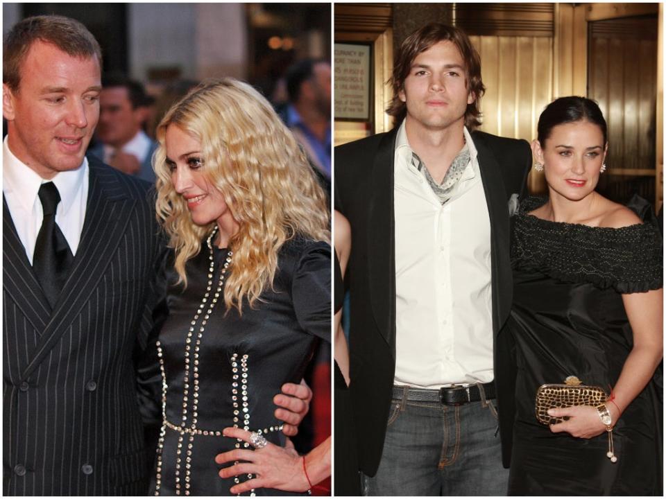 Guy Ritchie and Madonna in 2008 (left) and Adam Kutcher and Demi Moore in 2007 (right). Both Madonna and Moore wear red string on their left wrist (Getty)