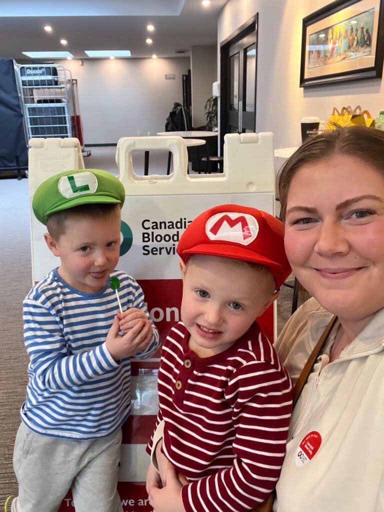 Alisha Openshaw says her twin sons, Weston and Bennett, regularly receive donated blood, which has been vital to their treatment for acute lymphocytic leukemia at B.C. Children's Hospital.