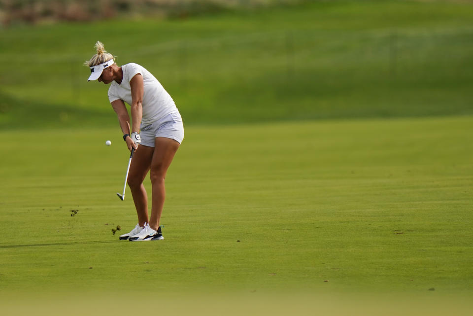 Anna Nordqvist, of Sweden, hits from the 16th fairway during the third round at the KPMG Women's PGA Championship golf tournament at the Aronimink Golf Club, Saturday, Oct. 10, 2020, in Newtown Square, Pa. (AP Photo/Matt Slocum)