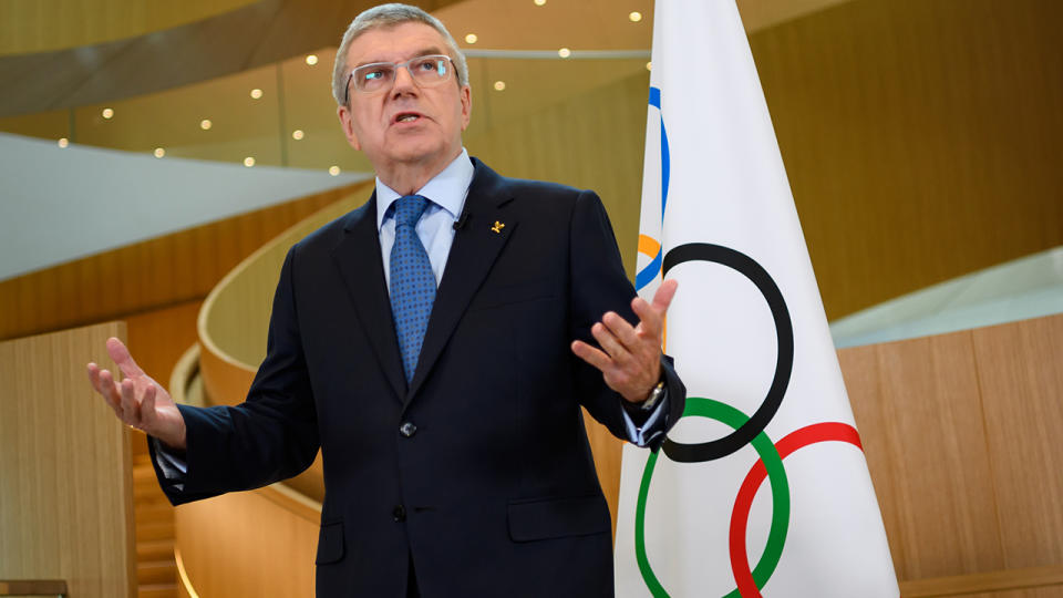 IOC President Thomas Bach, pictured here delivering a statement on the coronavirus situation.