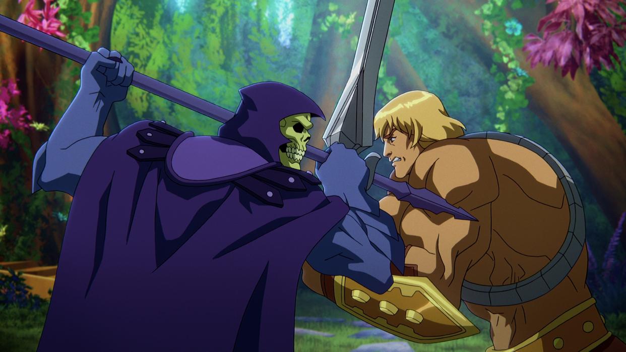 Mark Hamill as Skeletor, left, and Chris Wood as He-Man in "Masters of the Universe: Revelation."