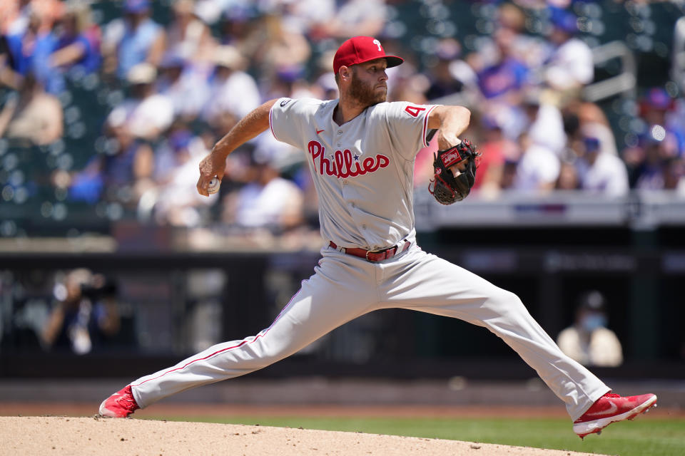 Philadelphia Phillies starting pitcher Zack Wheeler winds up during the third inning of a baseball game against the New York Mets, Sunday, June 27, 2021, in New York. (AP Photo/Kathy Willens)