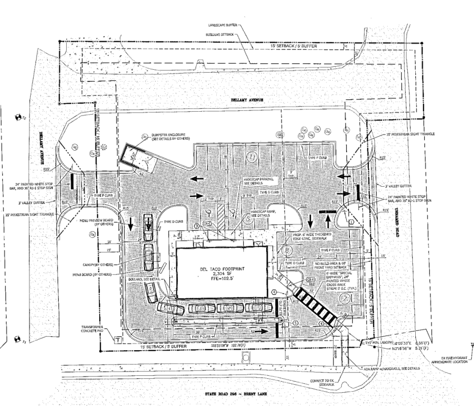 Site plan of potential Del Taco restaurant, filed with Escambia County.