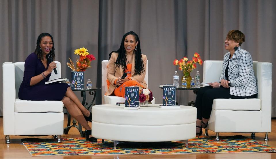 Dr. Stephanie Lovinsky-Desir, left, and Dr. Chiatogu Onyewu introduce Dr. Uché Blackstock, founder and CEO of Advancing Health Equity, engaging with healthcare and related organizations around bias and racism in healthcare, speaks during an event at the Grinton I. Will Library in Yonkers on Saturday, April 20, 2024.