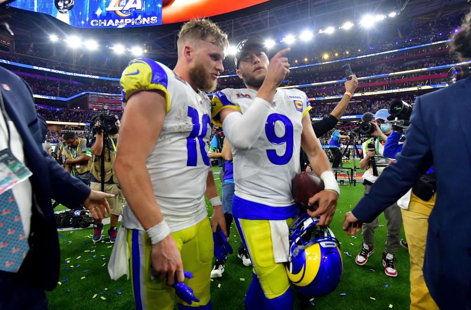 Cooper Kupp and Matthew Stafford, pictured here celebrating after leading the Rams to Super Bowl glory.