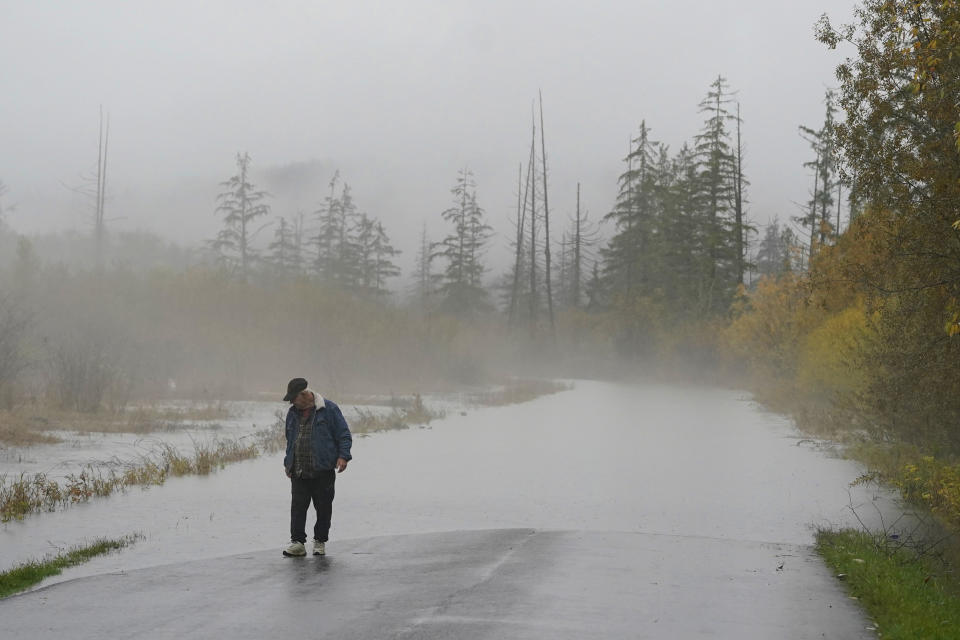 Clyde Shew, of Snoqualmie, Wash., checks out a section of W. Snoqualmie River Rd. NE that was closed due to high water conditions from the Snoqualmie River, Friday, Nov. 12, 2021, near Carnation, Wash. Flood watches and warnings were in place across the Northwest and forecasters said storms caused by an atmospheric river, known as the Pineapple Express and rain were expected to remain heavy in Oregon and Washington through Friday night. (AP Photo/Ted S. Warren)