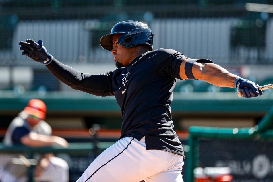 Detroit Tigers infielder Andy Ibañez bats during spring training at Joker Marchant Stadium in Lakeland, Florida, on Thursday, Feb. 22, 2024.