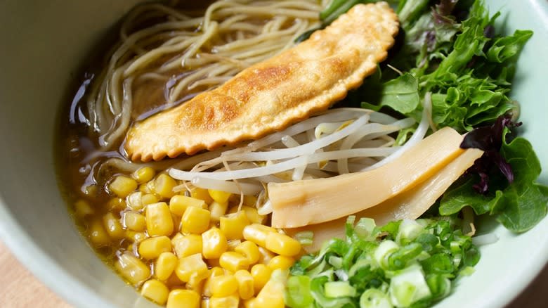 Veggie ramen bowl with pierogi