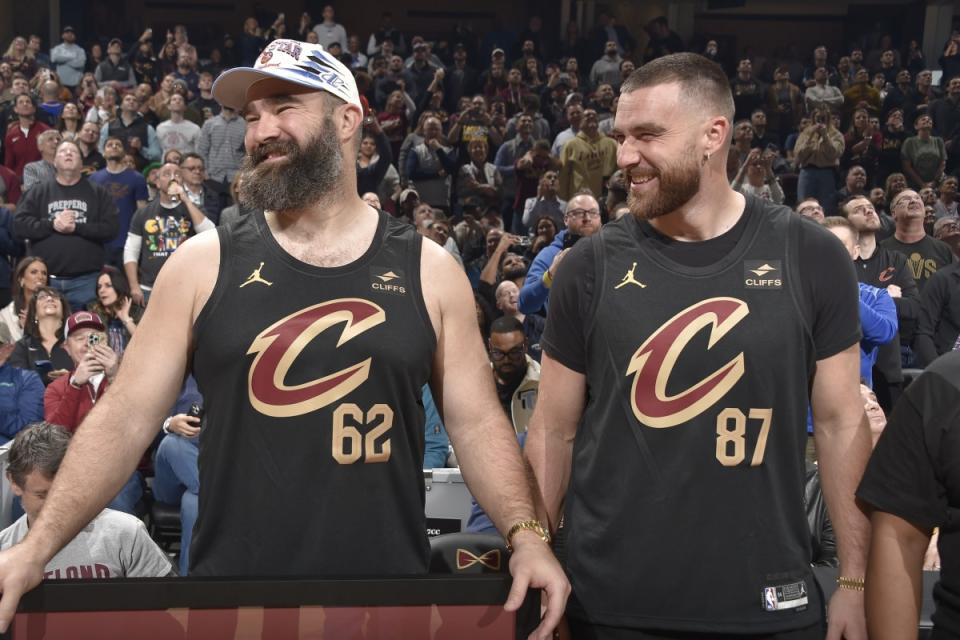 Jason Kelce and Travis Kelce are honored during the game between the Boston Celtics and the Cleveland Cavaliers on March 5, 2024, at Rocket Mortgage FieldHouse in Cleveland, Ohio.<p>David Liam Kyle/NBAE via Getty Images</p>