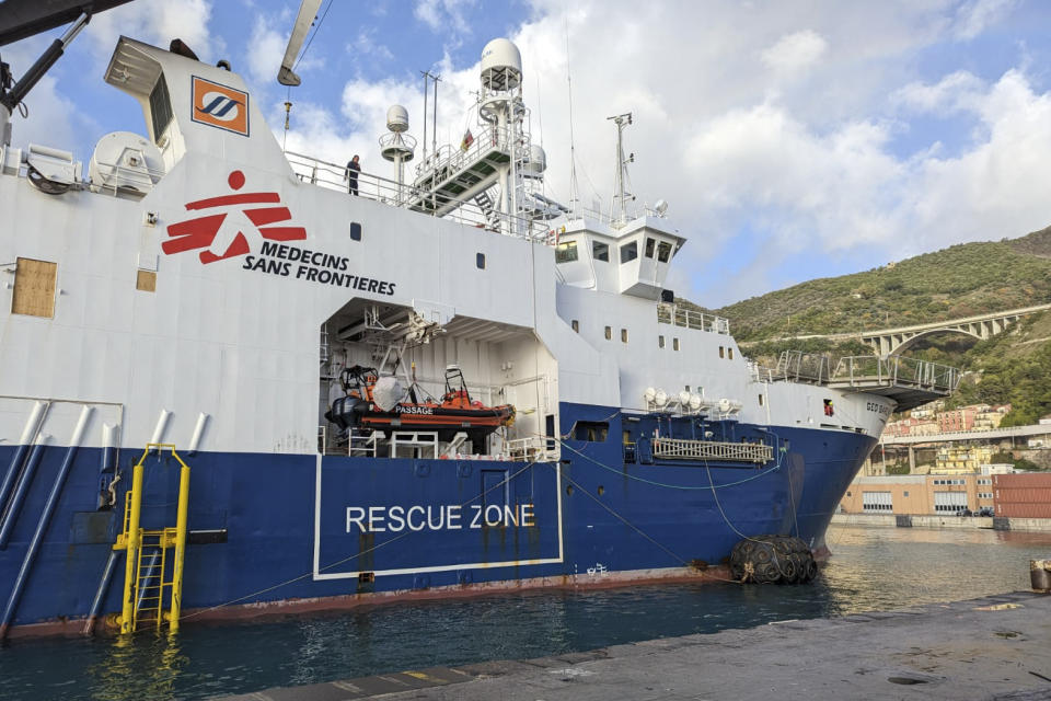 The Geo Barents rescue ship carrying on board rescued migrants in the mediterranean sea is dock at the Salerno harbor, Italy, Sunday, Dec. 11, 2022. (MSF Via AP)