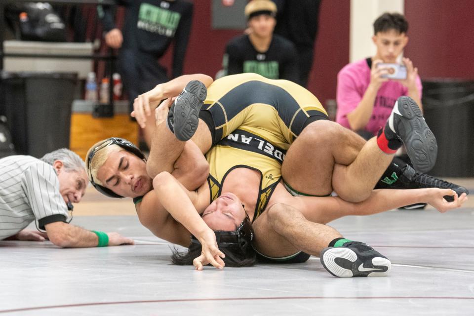 Victor Valley’s Jose Rodriguez pins Adelanto's Jack Ramos at the Desert Sky League Finals, hosted by Granite Hills High School, on Saturday, Jan. 20, 2024.