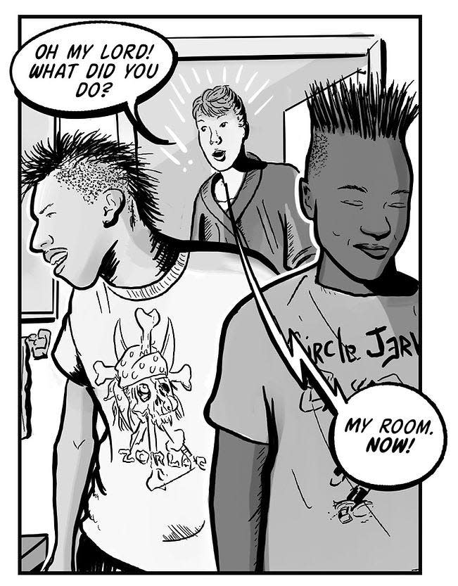 An illustration demonstrating the dichotomies of being a punk and fitting in with the "normals" from the graphic novel "The High Desert"