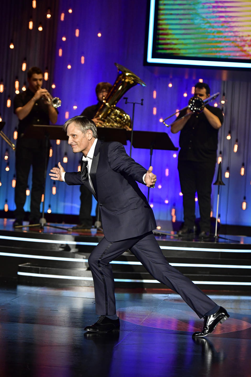 US actor and film director Viggo Mortensen, gestures during the ceremony for receiving the Donostia Award for his contribution to the cinema during the 68th San Sebastian Film Festival, in San Sebastian, northern Spain, Thursday, Sept. 24, 2020. (AP Photo/Alvaro Barrientos)