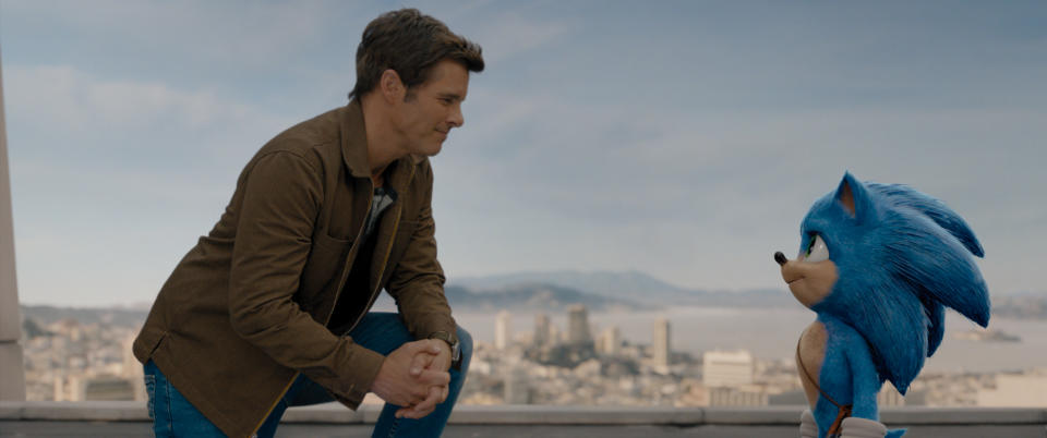 James Marsden and Sonic (Ben Schwartz) in SONIC THE HEDGEHOG from Paramount Pictures and Sega. Photo Credit: Courtesy Paramount Pictures and Sega of America.