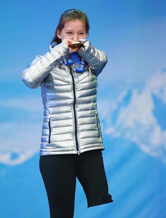 <div>SHEER DELIGHT - Stephanie Jallen of USA celebrates celebrates winning Bronze in the Women's Super-G at the Sochi Winter Paralympics.</div>