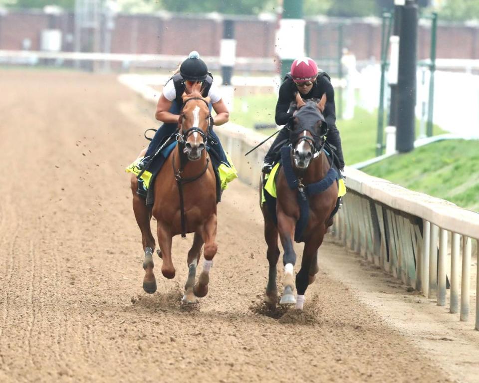 Kentucky Derby contenders Society Man, outside, and Dornoch work in company at Churchill Downs on April 27.