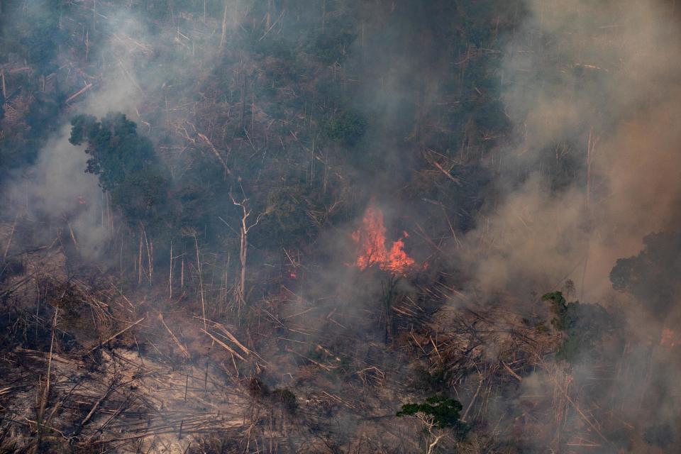 PORTO VELHO, RONDONIA, BRAZIL - AUGUST 25:  In this aerial image, a fire burns in a section of the Amazon rain forest on August 25, 2019 in the Candeias do Jamari region near Porto Velho, Brazil. According to INPE, Brazil's National Institute of Space Research, the number of fires detected by satellite in the Amazon region this month is the highest since 2010.  (Photo by Victor Moriyama/Getty Images)