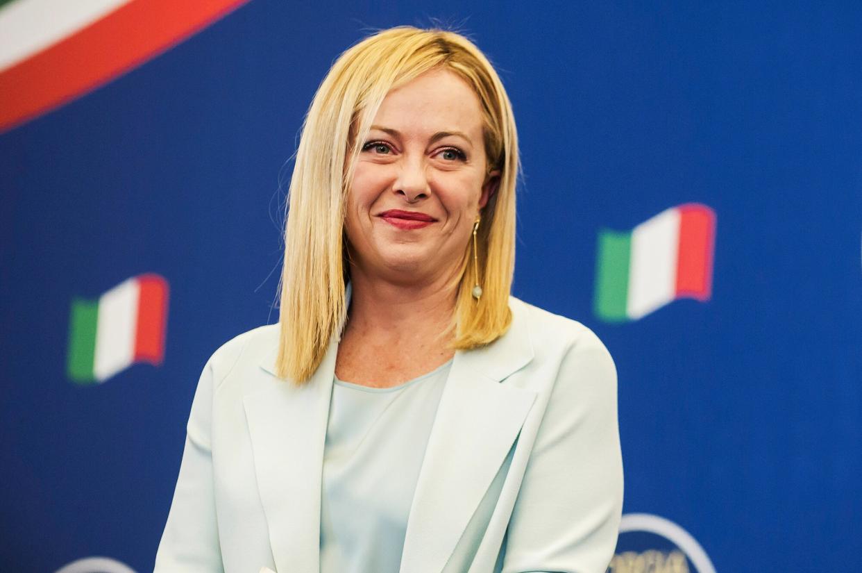 Giorgia Meloni is seen during a press conference