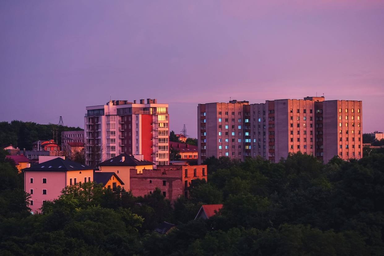 Buildings in Lviv, Ukraine at sunset.