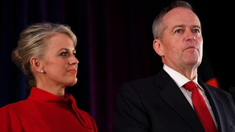 Australian Labor leader Bill Shorten on stage with wife Chloe, concedes defeat at the Federal Labor Reception at Hyatt Place Melbourne, Essendon Fields, in Melbourne, Saturday, 18 May, 2019. Approximately 16.5 million Australians have today voted in what is tipped to be a tight election contest between Australian Prime Minister Scott Morrison and Australian Opposition leader Bill Shorten. (AAP Image/Lukas Coch) NO ARCHIVING
